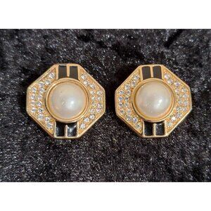 Vintage Swarovski SALO Gold Tone Faux Pearl & Crystal Octagonal Clip-On Earrings